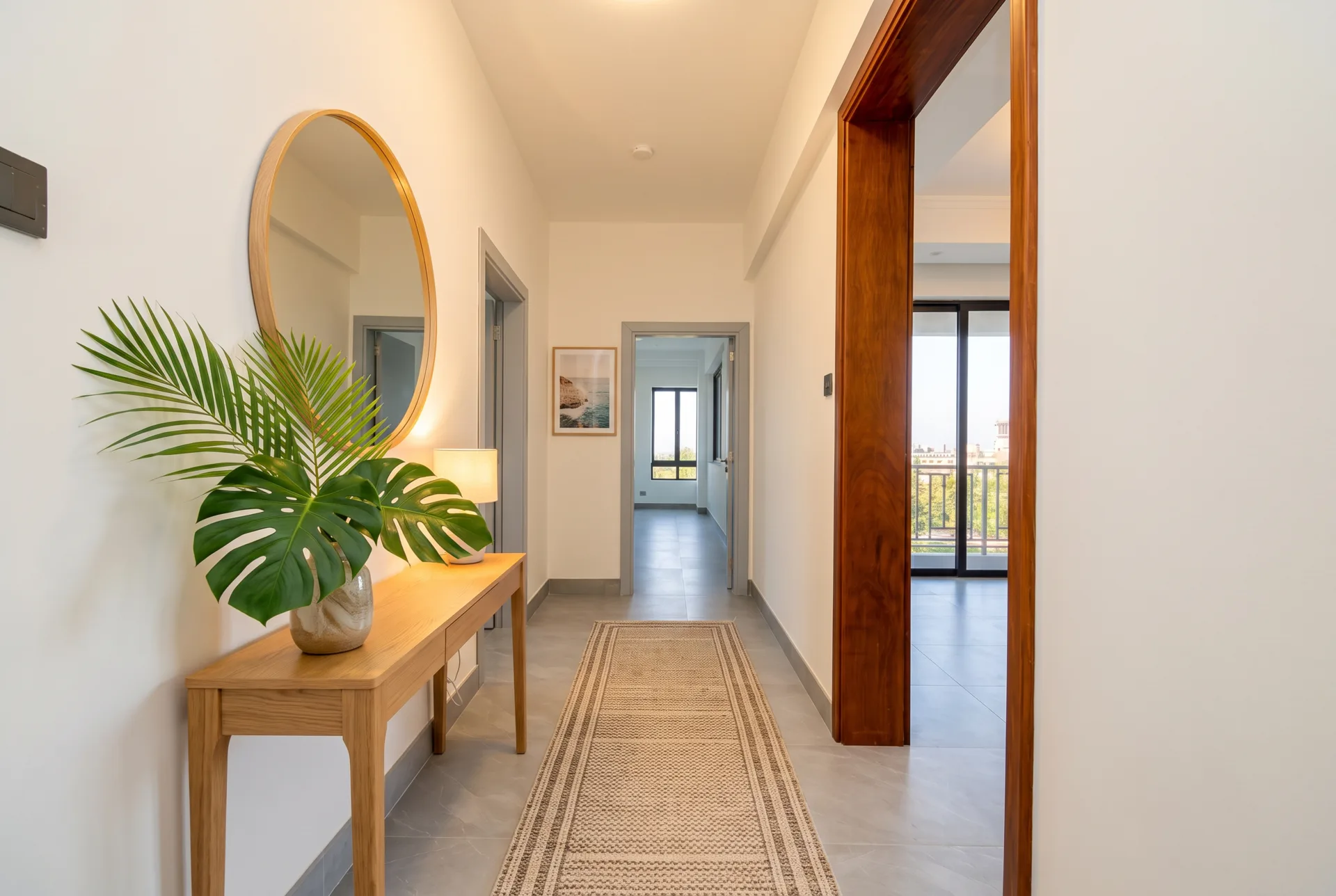 The entrance hallway with a console table and mirror