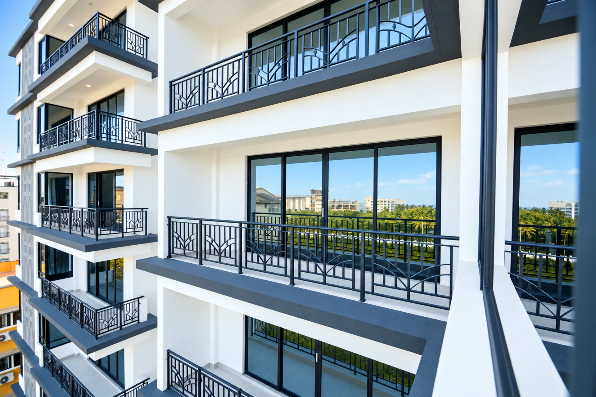 Balconies with patterned steel railings, seen from an upper floor