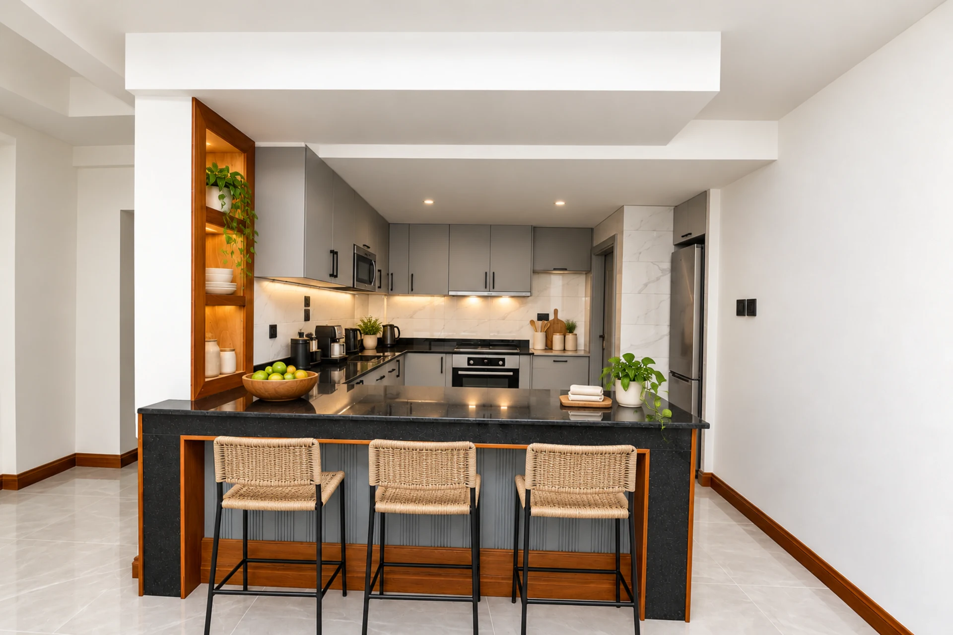 The fitted kitchen and breakfast bar with stools