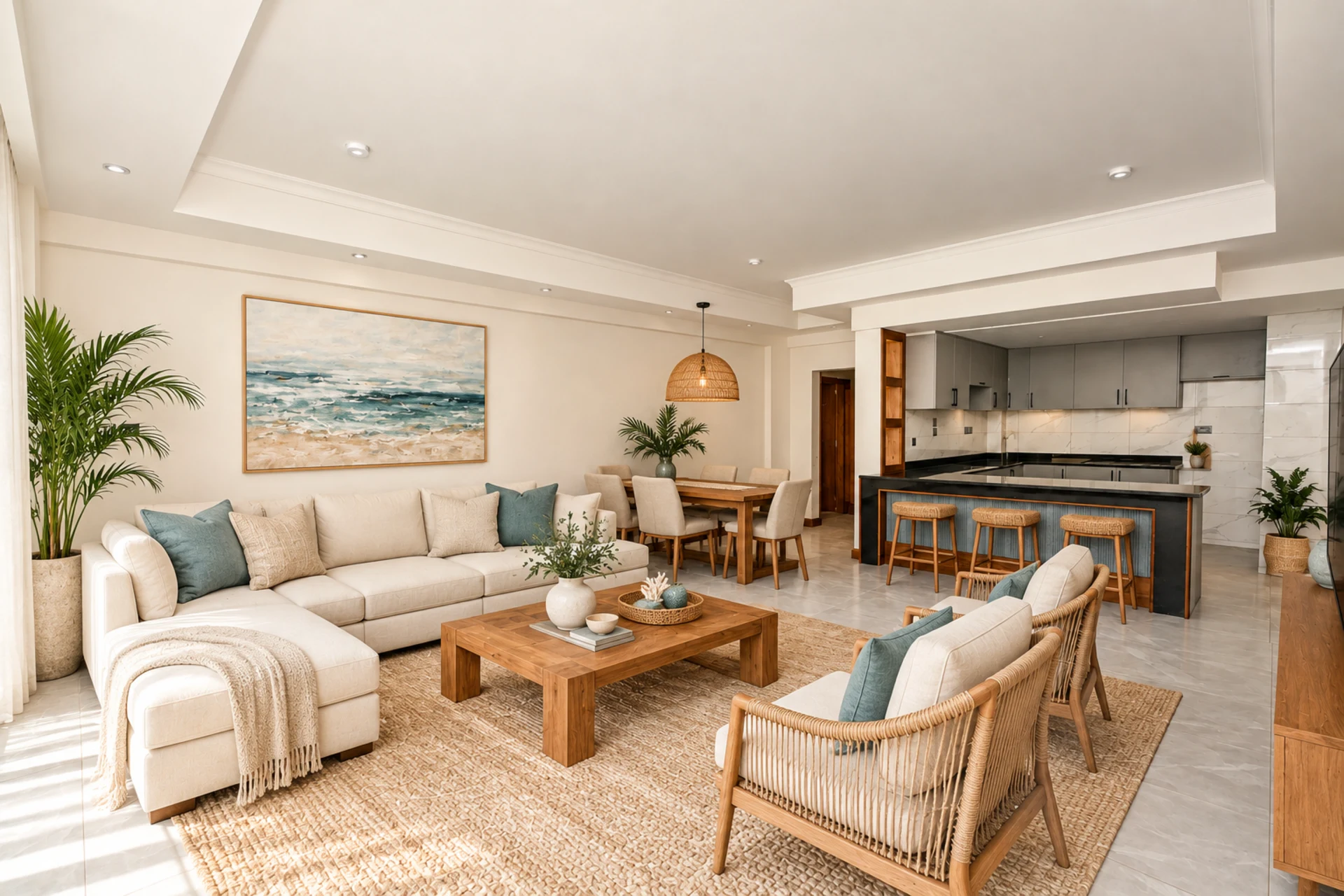 The open-plan living and dining room, furnished