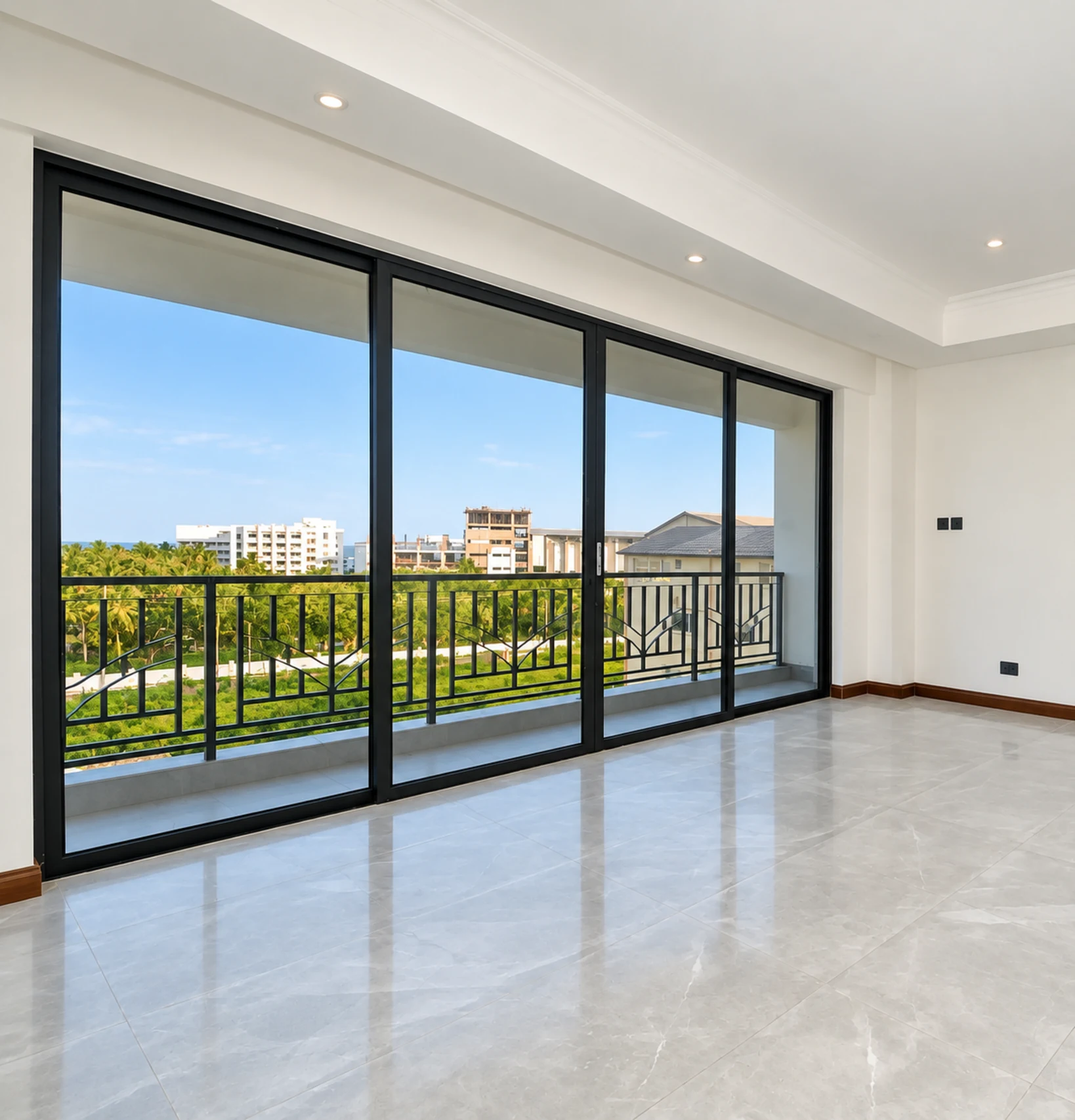 A living room with a full-height glass wall onto the balcony