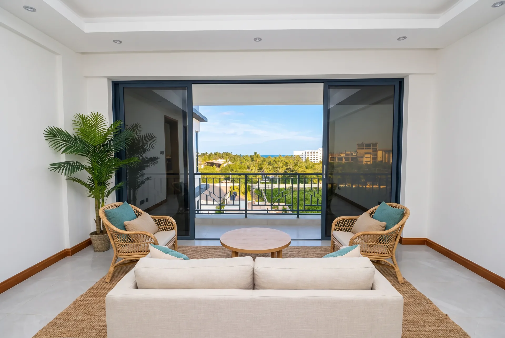 The sitting room facing the balcony doors and the sea view