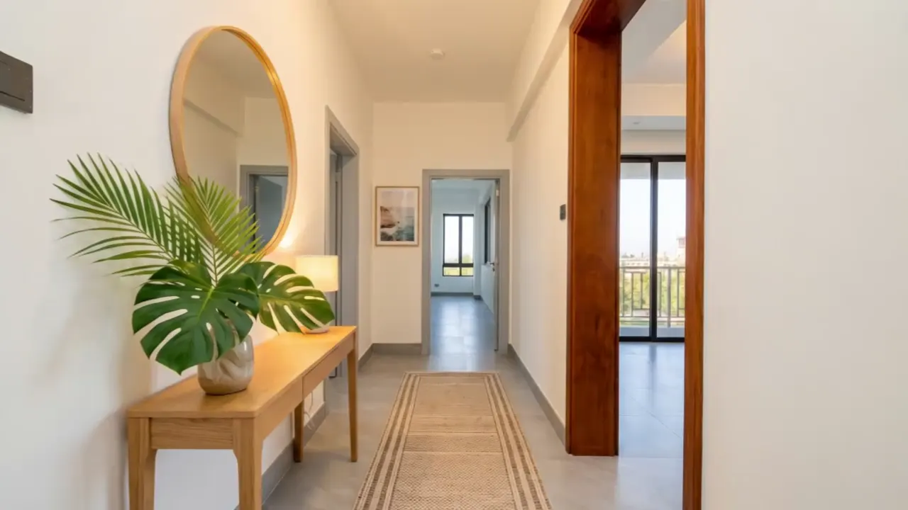 Entering the furnished apartment through the front door and along the hallway