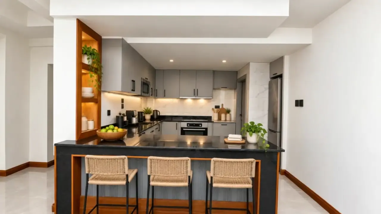 The furnished kitchen and breakfast bar