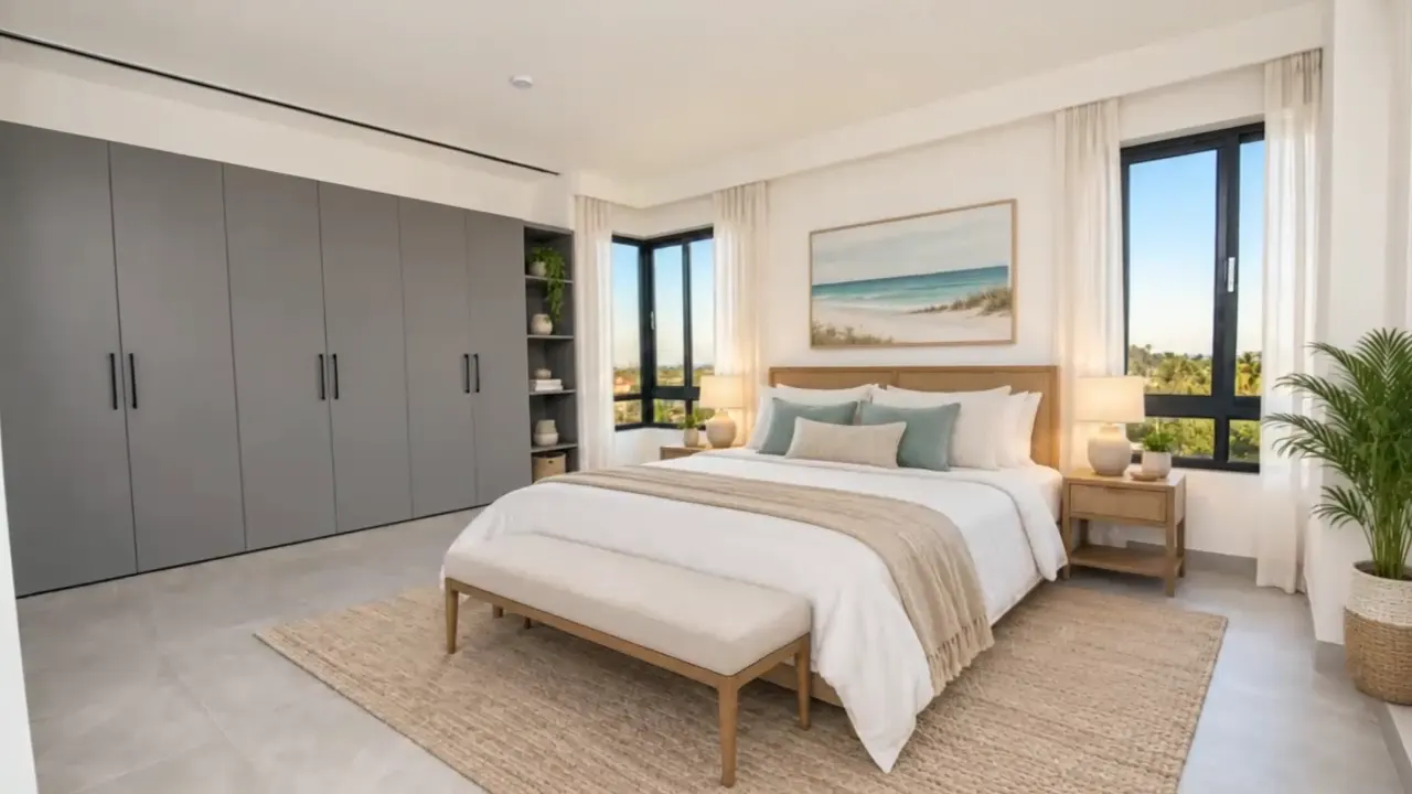 The furnished main bedroom with its corner window
