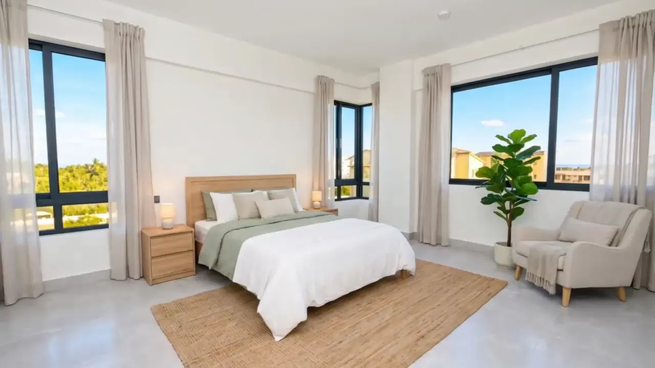 The furnished second bedroom with windows on two sides